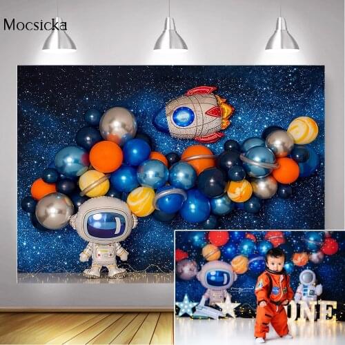 Newborn Little Astronaut Birthday Cake Smash Backdrop Space Adventure Balloons Twinkle Stars Portrait Background Photography