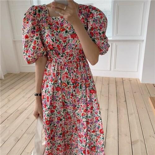 Puff Mouwen Bloemen Maxi Jurk Vierkante Kraag Een Lijn Katoenen Gewaad Zomer 2021 Boho Midi Elegant Koreaanse Harajuku sukienki