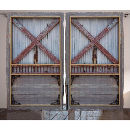 Country Style Curtains Rustic Looking Barn Door Photo Satin Fabric Drapes for Living Room Bedroom 2 Panel Window Set