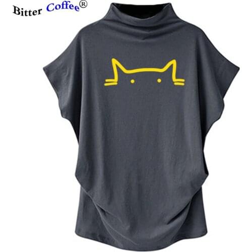 NEW 100% cotton short Batwing sleeve cat print women T shirt casual summer women Tshirt knitted Turtleneck t-shirt Plus Size