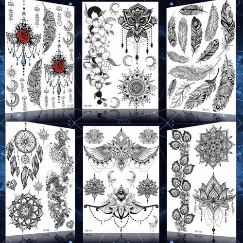 Fake India Mandala Henna Floral Owl Tattoos Stickers For Women Pendant Big Arm Temporary Tattoo Mehndi Art Tatoos Black Lotus