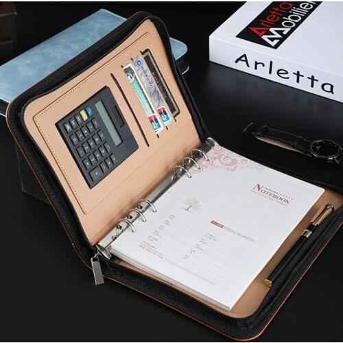 PU Leather Diary Binder Notebook and Journals A5/B5 With Calculator Card Holder Zipper Bag Work Notepad Manager Folder Padfolio