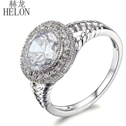 HELON Solid 14k White Gold Flawless Round 7.5mm Genuine White Topaz Diamond Engagement Ring Vintage Fine Jewely Women Gift