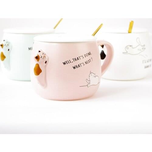 Creative Cat Lying Ceramic Cup with Cover Spoon Friends Gift Teacup Water Cup Pottery Drinkware Coffee Milk Juice Ceramic Cup