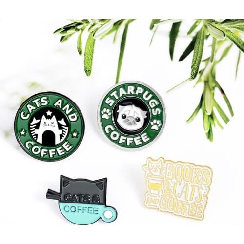Cats Coffee Round Enamel Pins Cartoon Pug Puppy Cat Cafe Brooches Bag Shirt Button Badges Cute Animal Jewelry Gift for Friends
