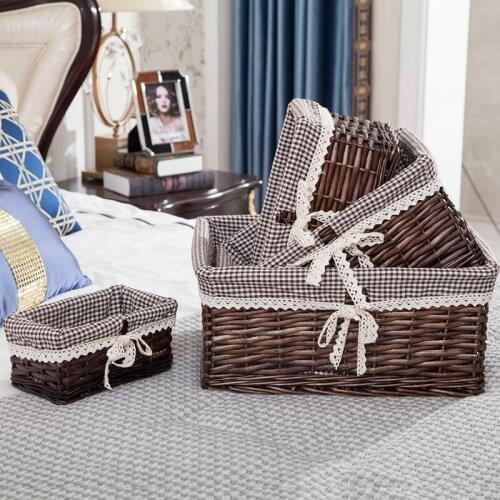 Multipurpose Rectangular Wicker Storage Basket Fruit Picnic Basket Rattan Storage Boxwith Removable Washable Liner-Size S M L XL