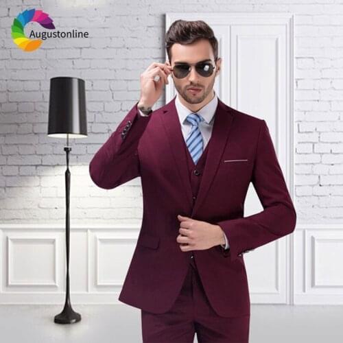 High Street Burgundy Men Suits Wedding Custom Made Groom Tuxedo Slim Fit Groomsmen Blazer Masculino Three Piece Jacket Pant Vest