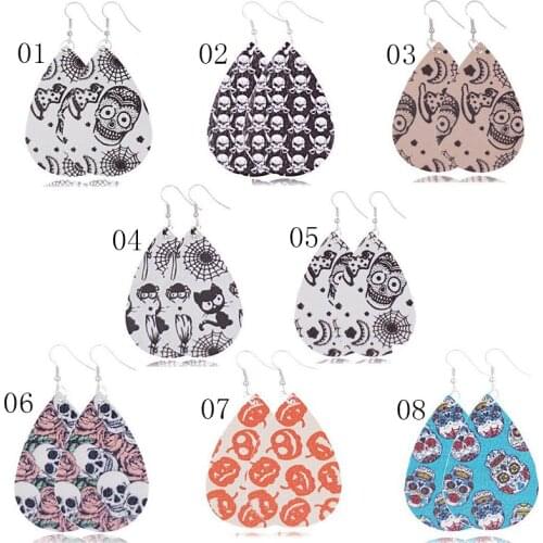 New Pumpkin Skull Halloween Leather Earrings For Women Both-side Lightweight Teardrop Leaf Earrings Cерьги Gifts