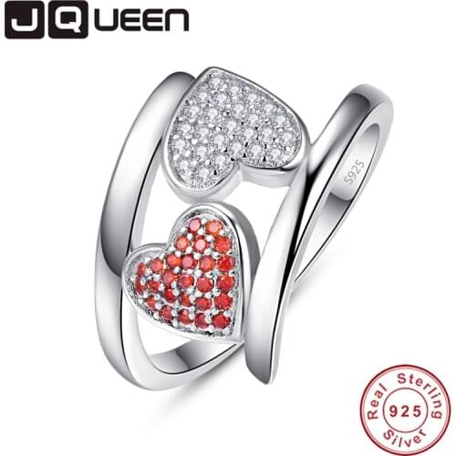JQUEEN Double Heart Wedding Rings for Women Silver Ring 925 Jewelry Pave Setting CZ Garnet Stone Crystal Jewelry bijoux femme