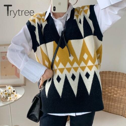 Trytree 2020 Autumn Winter Women Sweater Vest Casual Loose V-neck Argyle Knitted Vest Pullovers Women Elastic Tank Top Sweater