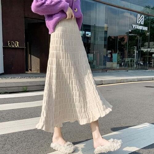 Pleated Knitted Skirt Autumn and Winter 2021 New Mid-length Retro Elastic High Waist Thin A-line Skirt Women Gothic