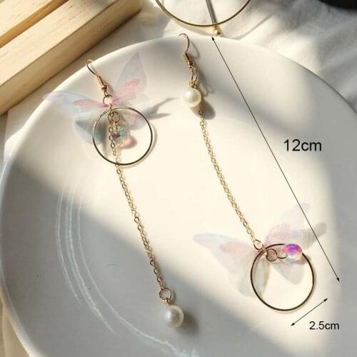 Korean Retro Asymmetric Butterfly Imitation Pearl Earrings Fashion Round Flower Long Statement Wings Earrings Jewelry