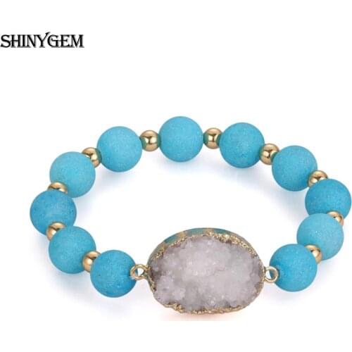 ShinyGem Light Blue Matte Agates Bracelet Handmade Natural Stone Bracelet Wholesale White Mineral Druzy Charm Bracelet For Women