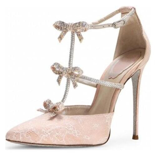 Moraima Snc the Bride Wedding Heels Sexy Pointed Toe T-strap Crystal Bowknot Lace Flower Thin Heels Pumps Dress Shoes