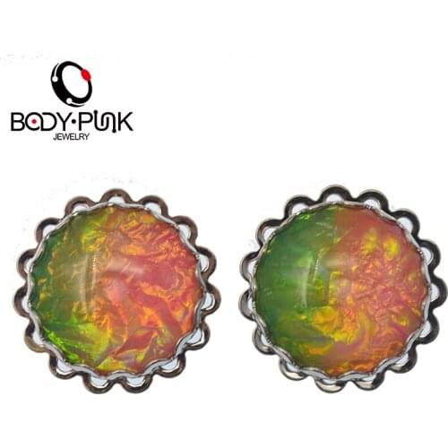 BODY PUNK Trendy Stainless Steel Pink Green Mix Foil Filigree Ear Plug Double Flare 6-20mm Expander Body Piercing Jewelry