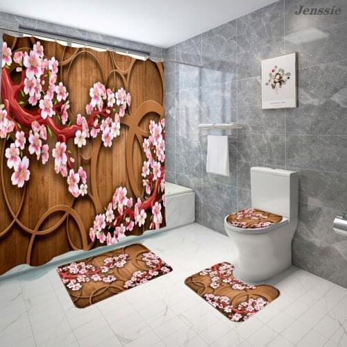 3D Flower Wall Printed Waterproof Shower Curtain Wooden Door Print Beautiful Scenery Floor Mat U Shape Mat Toilet Lid Cover