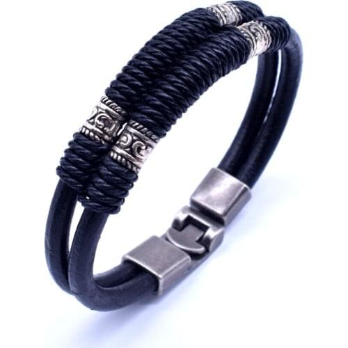 VOQ New Design Vintage Men Bracelet Handmade Winding Rope Double Black Leather Bracelet Men Jewelry Gifts bijoux homme