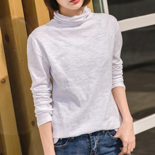 100% cotton women t-shirts turtleneck long sleeved solid white purple slim thin lady top & tees fashion bottoming tops