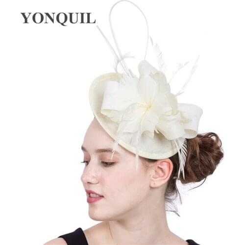 Women Wedding Party Beige Fascinator Hat Headband Feather Headwear Elegant Ladies Imitation Sinamay Millinery Hair accessories