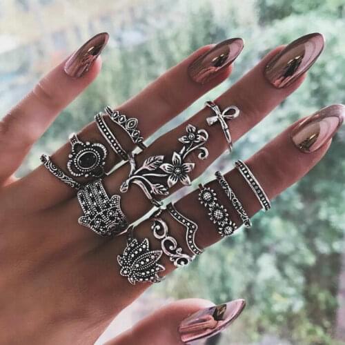 TianBo 12PCS/Set Antique Silver Color Vintage Carved Flower Rings Set For Women Bohemia Knuckle Ring Set Party Jewelry