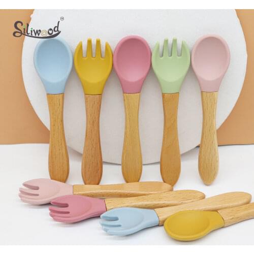 1pc Baby Wooden Spoon Feeding Set Kid Dishes Toddlers Infant Feeding Accessories Soft Spoon Silicone Tableware Childrens Goods