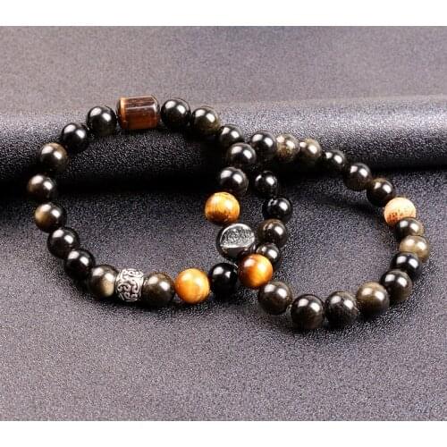10mm Gold Obsidian Stone with Tiger Eye Stone Beads Men Women Unisex Wristband Gold Black Wealth and Good Luck Bracelet