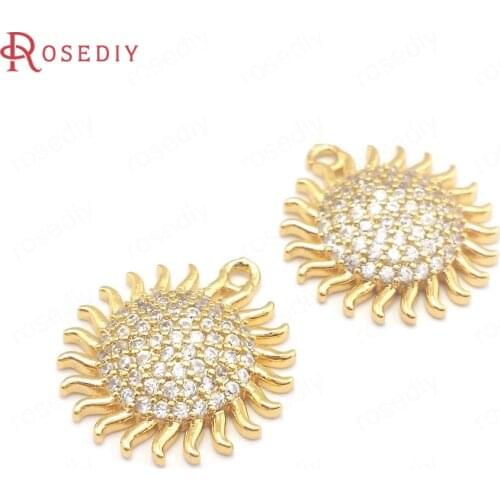 40693)4PCS 19x17MM 24K Champagne Gold Color Brass and Zircon Sun Charms Pendants Jewelry Making Supplies Diy Accessories