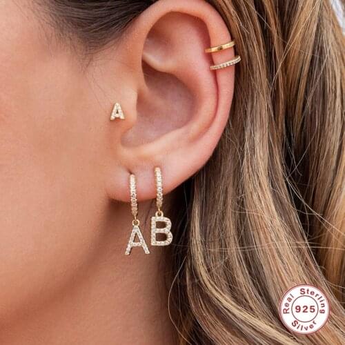 Aide 26 English Letters Zircon Ear Piercing Earring 925 Sterling Silver Initial Ear Buckle Huggie Hoop Earrings for Women Jewelr