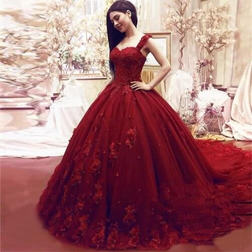 ANGELSBRIDEP Burgundy Ball Gown Wedding Dresses Dubai Kaftan Bride Dress Sexy Strap Applique Court Train Formal Bride Dress