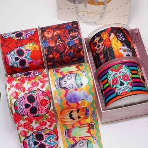 Free shipping Printed 3 inch 75mm November day of the dead printed grosgrain ribbonS for Accessories 57881