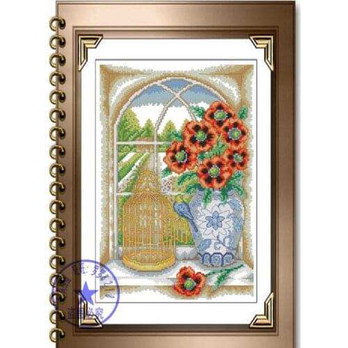 FREE delivery hot sell Top Quality cross stitch kit windowsill window poppy flower bird window
