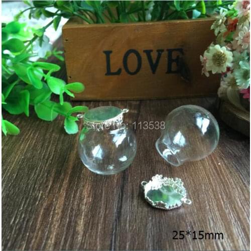Free ship!! 20sets/lot silver color 25*15mm glass globe & crown base set glass globe set glass vial pendant glass cover