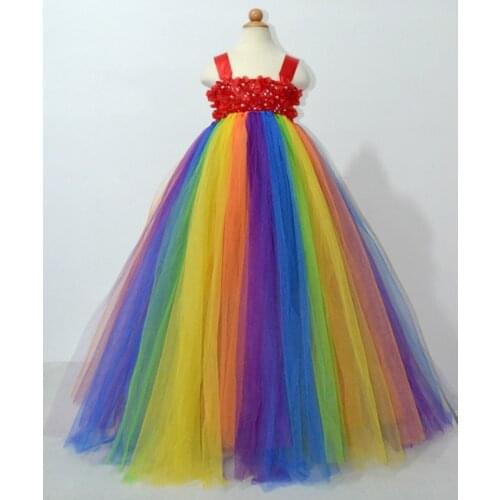 Rainbow Color Girls Flowers Long Tutu Dress Kids Fluffy Crochet Tulle Tutus Ball Gown with Ribbon Bow Children Party Dress Cloth