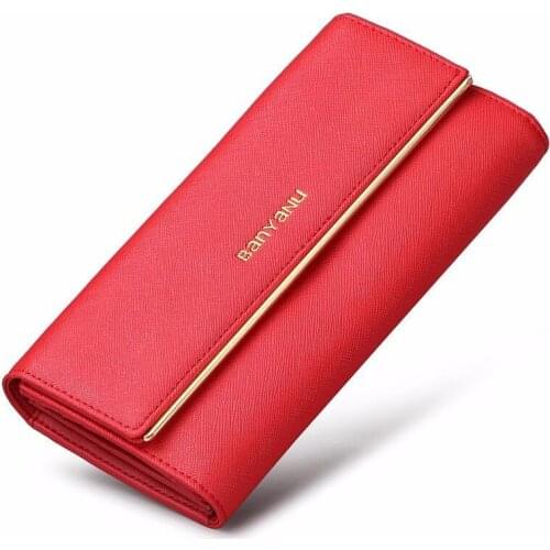 Genuine Leather Long Women Wallets Multi-functional Female Simple Tri-fold Metal Buckle Coin Purses Ladies Clutch Money Clip
