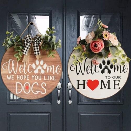 Door Welcome Wreath Hanging Ornament Round Wooden Pendant Hello Door Decor Sign Bar Home DIY Decoration