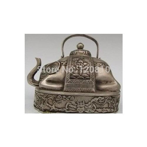 Chinese Folk Handmade White Copper Elephant Teapot Statues