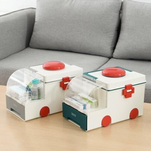 Medicine Box Ambulance Shape First Aid Kit Portable Multifunctin Family Storage Organizer with Handle Large Capacity Storage Box