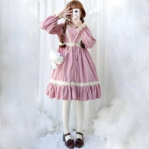 Lolita Sweet Dresses Kawaii Lace Ruffle Long Sleeve Blue Pink Dress High Waist Causal Princess Cosplay Dress