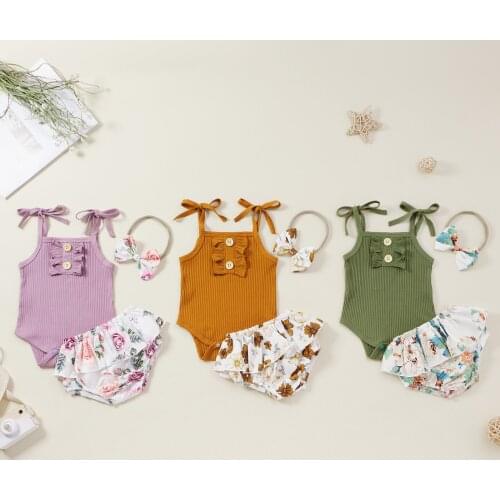 FOCUSNORM 0-18M Summer Lovely Baby Girls Clothes Sets Bow Ruffles Sleeveless Romper Floral Shorts Headband