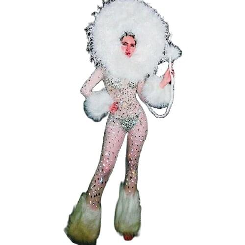 Mesh Gauze Perspective Tights Jumpsuit Sparkling Rhinestones Fur Bodycon With Tail Hat Cosplay Costume Nightclub Dance Show Wear