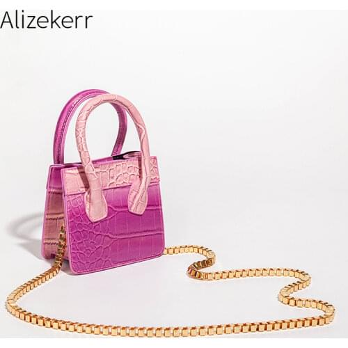 Thick Metal Chain Mini Shoulder Bag Women 2021 New Designer Pearls Chain Small Square Crossbody Bag Crocodile Pattern Purse Cute