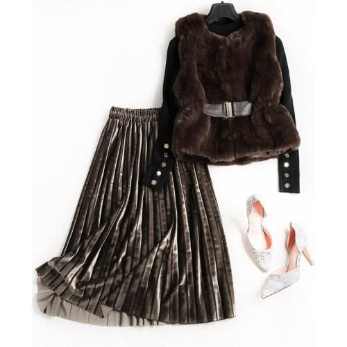 Fashion Outfit Womens Winter Black Faux Fur Vest Button Sweater Female Gold Velvet Skirt Three Pieces Set Outfits Warm Elegent