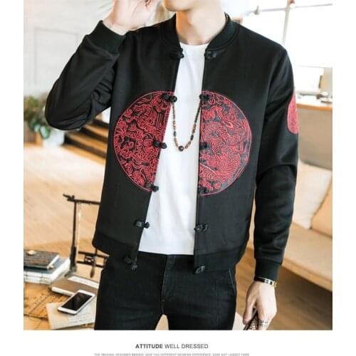 2019 Men Vintage Autumn Embroidery Jackets Mens Loose Streetwear Jackets Male Chinese Style Buckle Clothes