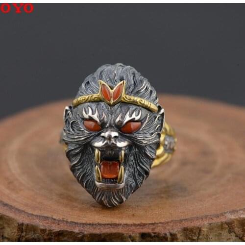 100%S925 Silver Thai Silver Style South Red Agate Turquoise Qitian Dasheng Mens Ring