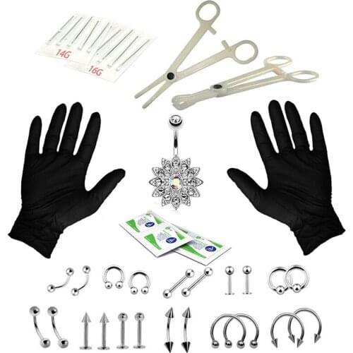 41pcs/Set Piercing Jewelry Needles Kit Sex Belly Tongue Eyebrow Nipple Lip Nose Disposable Piercing Jewelry Tool Sets Hot