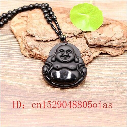 Natural Black Obsidian Maitreya Buddha Pendant Beads Necklace Fashion Charm Jewellery Carved Buddhism Amulet Gifts for Women Men