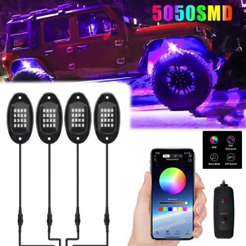 LED Excellent 4 Pods Bluetooth LED Rock Lights Black Underbody Rock Light Modified for Off-road Vehicles