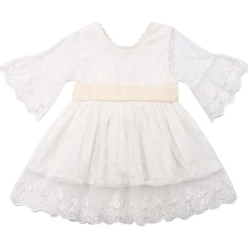 Pudcoco Girls Party Wedding White Sundress Baby Toddler Kids Knee-Length Fashion Lace Long Sleeve Bow Princess Cute Dresses 1-6Y