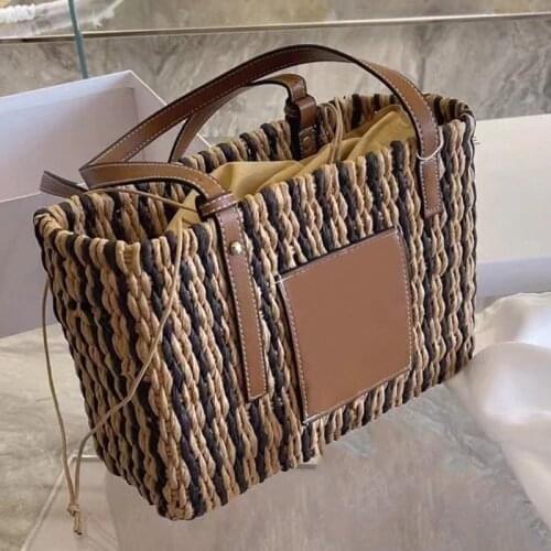 Women Straw Bucket Bags Straw Woven Shoulder Bags Designer Knit Splicing Totes Female Summer Beach Large Capacity Travel Handbag