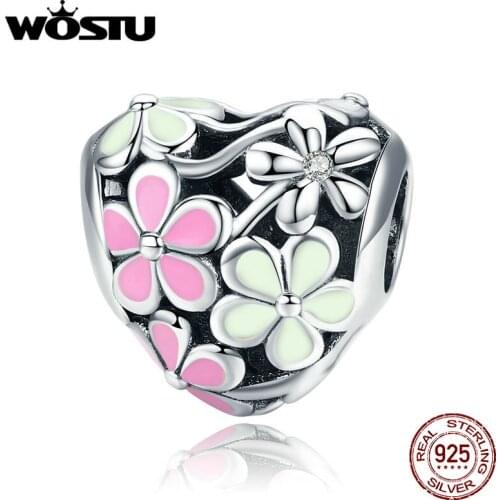 WOSTU 925 Sterling Silver Spring Pink Daisy Flower Beads Charms Fit Original Women Bracelets Necklaces 925 Silver Jewelry BKC761